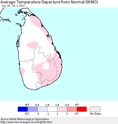 Sri Lanka Average Temperature Departure from Normal (WMO) Thematic Map For 6/26/2023 - 7/2/2023