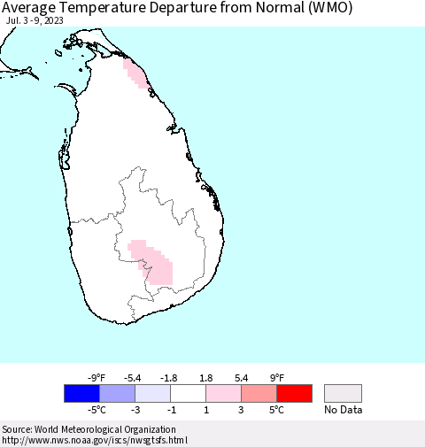 Sri Lanka Average Temperature Departure from Normal (WMO) Thematic Map For 7/3/2023 - 7/9/2023