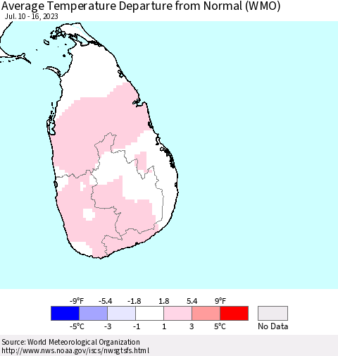 Sri Lanka Average Temperature Departure from Normal (WMO) Thematic Map For 7/10/2023 - 7/16/2023