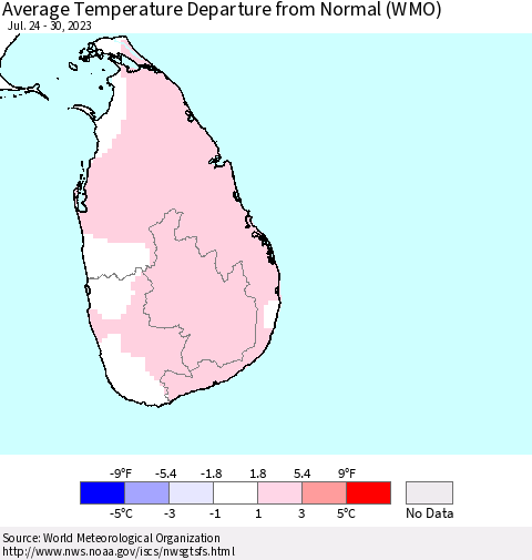 Sri Lanka Average Temperature Departure from Normal (WMO) Thematic Map For 7/24/2023 - 7/30/2023