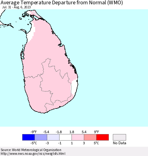 Sri Lanka Average Temperature Departure from Normal (WMO) Thematic Map For 7/31/2023 - 8/6/2023