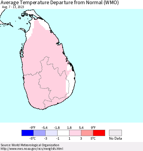 Sri Lanka Average Temperature Departure from Normal (WMO) Thematic Map For 8/7/2023 - 8/13/2023