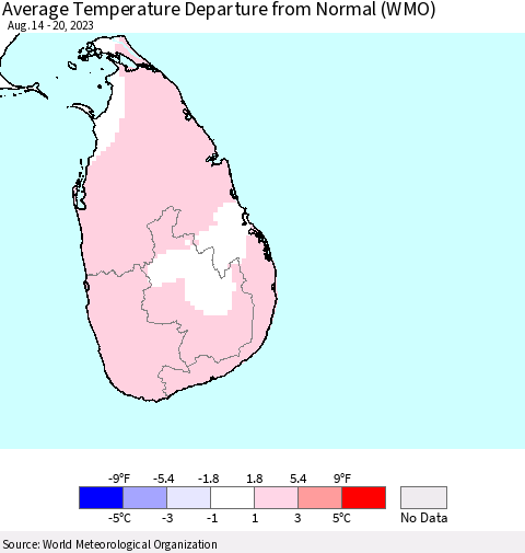 Sri Lanka Average Temperature Departure from Normal (WMO) Thematic Map For 8/14/2023 - 8/20/2023