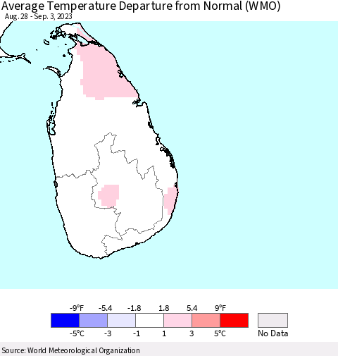 Sri Lanka Average Temperature Departure from Normal (WMO) Thematic Map For 8/28/2023 - 9/3/2023