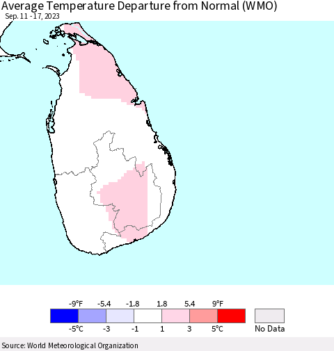 Sri Lanka Average Temperature Departure from Normal (WMO) Thematic Map For 9/11/2023 - 9/17/2023