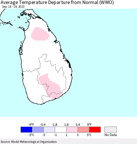 Sri Lanka Average Temperature Departure from Normal (WMO) Thematic Map For 9/18/2023 - 9/24/2023