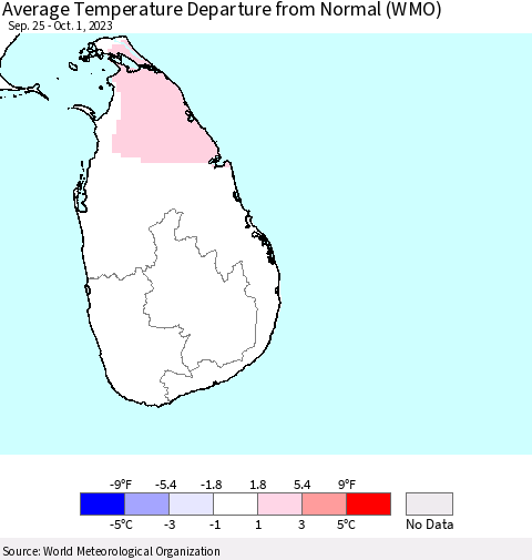 Sri Lanka Average Temperature Departure from Normal (WMO) Thematic Map For 9/25/2023 - 10/1/2023