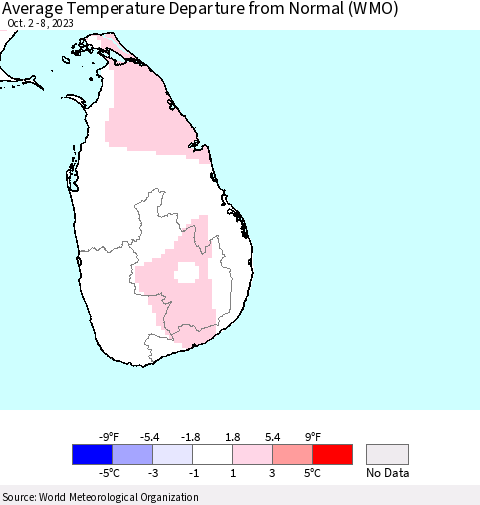 Sri Lanka Average Temperature Departure from Normal (WMO) Thematic Map For 10/2/2023 - 10/8/2023