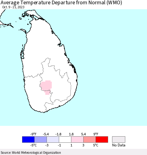 Sri Lanka Average Temperature Departure from Normal (WMO) Thematic Map For 10/9/2023 - 10/15/2023