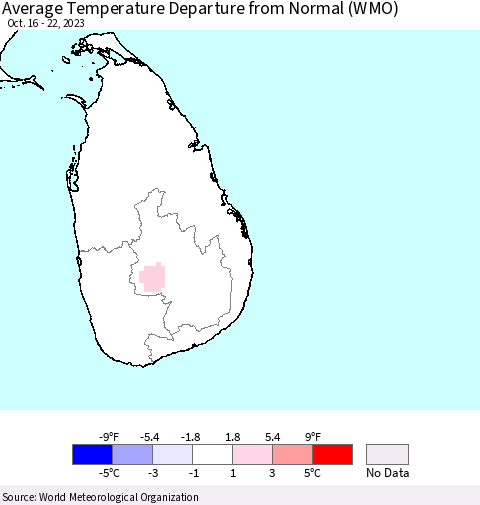 Sri Lanka Average Temperature Departure from Normal (WMO) Thematic Map For 10/16/2023 - 10/22/2023