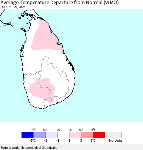 Sri Lanka Average Temperature Departure from Normal (WMO) Thematic Map For 10/23/2023 - 10/29/2023