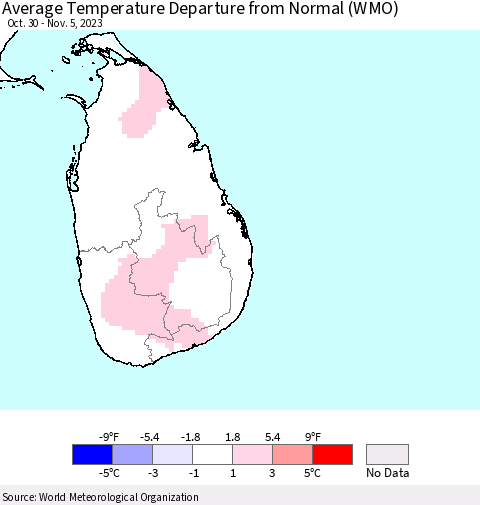 Sri Lanka Average Temperature Departure from Normal (WMO) Thematic Map For 10/30/2023 - 11/5/2023