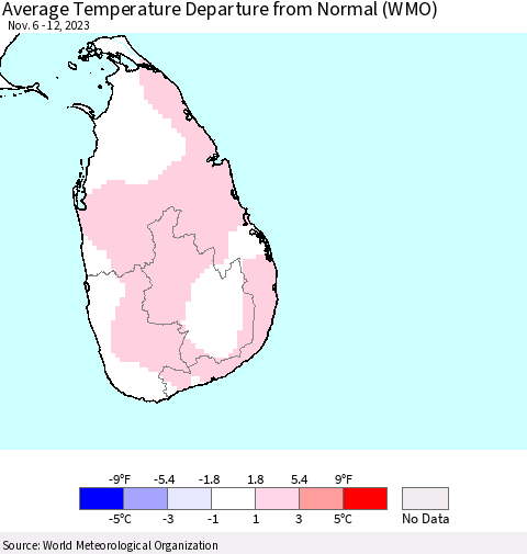 Sri Lanka Average Temperature Departure from Normal (WMO) Thematic Map For 11/6/2023 - 11/12/2023