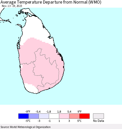 Sri Lanka Average Temperature Departure from Normal (WMO) Thematic Map For 11/13/2023 - 11/19/2023