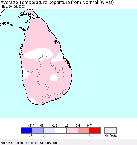 Sri Lanka Average Temperature Departure from Normal (WMO) Thematic Map For 11/20/2023 - 11/26/2023