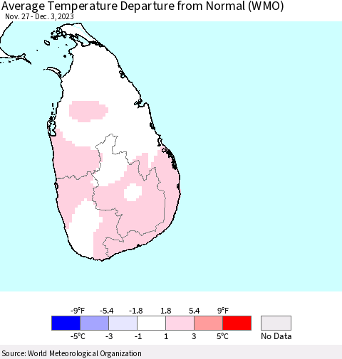 Sri Lanka Average Temperature Departure from Normal (WMO) Thematic Map For 11/27/2023 - 12/3/2023