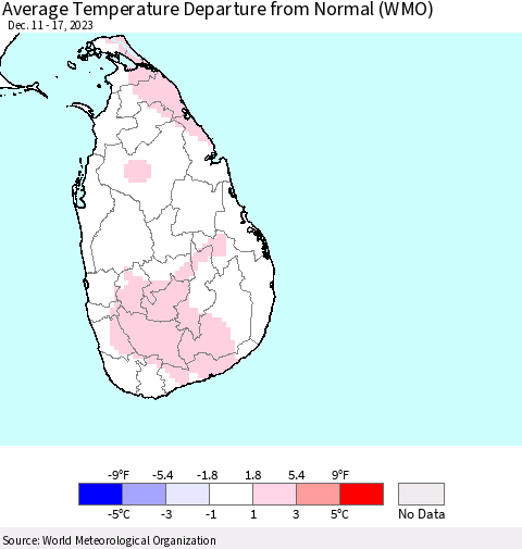 Sri Lanka Average Temperature Departure from Normal (WMO) Thematic Map For 12/11/2023 - 12/17/2023