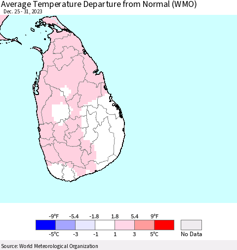 Sri Lanka Average Temperature Departure from Normal (WMO) Thematic Map For 12/25/2023 - 12/31/2023