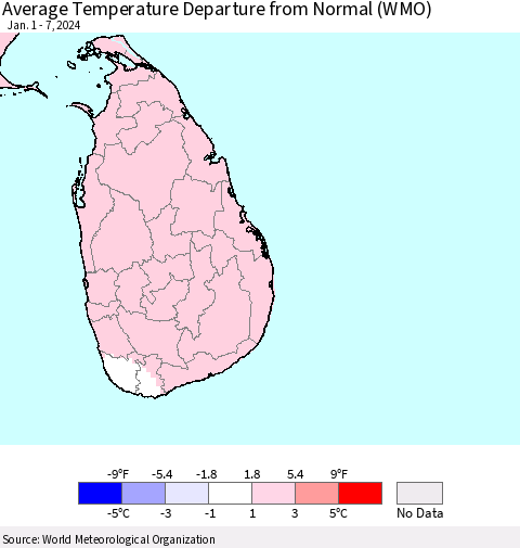 Sri Lanka Average Temperature Departure from Normal (WMO) Thematic Map For 1/1/2024 - 1/7/2024