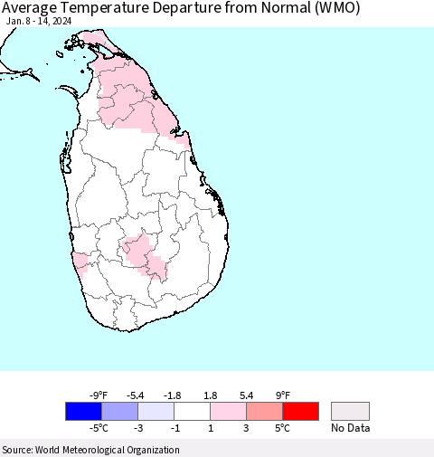 Sri Lanka Average Temperature Departure from Normal (WMO) Thematic Map For 1/8/2024 - 1/14/2024