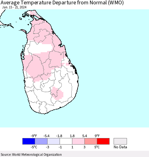 Sri Lanka Average Temperature Departure from Normal (WMO) Thematic Map For 1/15/2024 - 1/21/2024