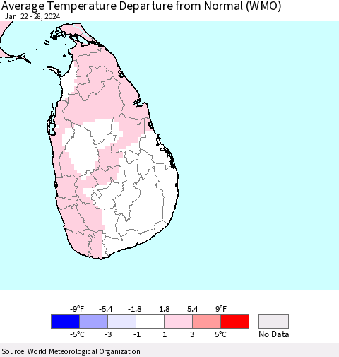 Sri Lanka Average Temperature Departure from Normal (WMO) Thematic Map For 1/22/2024 - 1/28/2024