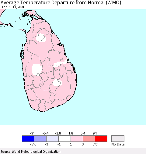 Sri Lanka Average Temperature Departure from Normal (WMO) Thematic Map For 2/5/2024 - 2/11/2024