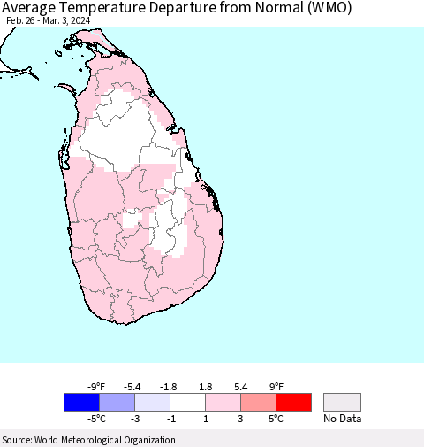 Sri Lanka Average Temperature Departure from Normal (WMO) Thematic Map For 2/26/2024 - 3/3/2024