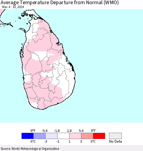 Sri Lanka Average Temperature Departure from Normal (WMO) Thematic Map For 3/4/2024 - 3/10/2024