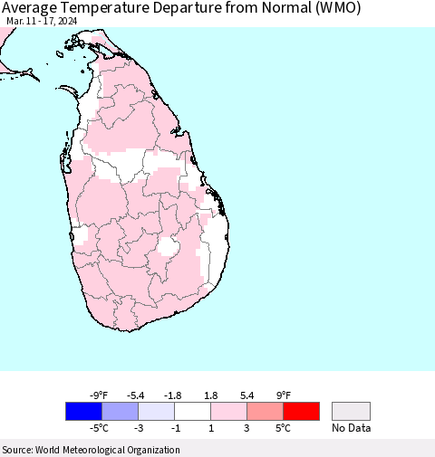 Sri Lanka Average Temperature Departure from Normal (WMO) Thematic Map For 3/11/2024 - 3/17/2024