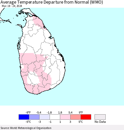 Sri Lanka Average Temperature Departure from Normal (WMO) Thematic Map For 3/18/2024 - 3/24/2024