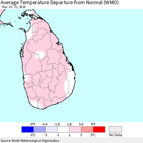 Sri Lanka Average Temperature Departure from Normal (WMO) Thematic Map For 3/25/2024 - 3/31/2024