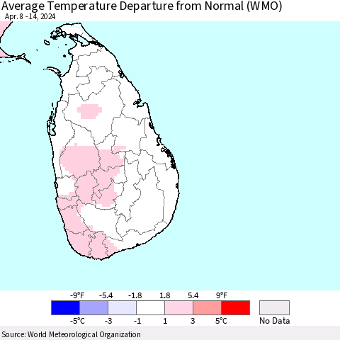 Sri Lanka Average Temperature Departure from Normal (WMO) Thematic Map For 4/8/2024 - 4/14/2024