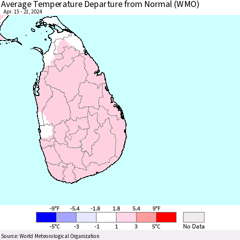 Sri Lanka Average Temperature Departure from Normal (WMO) Thematic Map For 4/15/2024 - 4/21/2024
