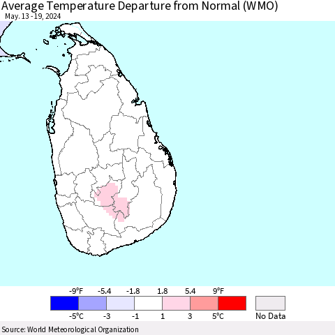 Sri Lanka Average Temperature Departure from Normal (WMO) Thematic Map For 5/13/2024 - 5/19/2024