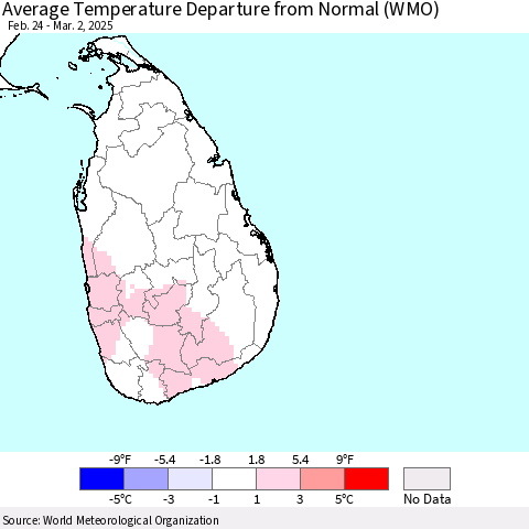 Sri Lanka Average Temperature Departure from Normal (WMO) Thematic Map For 2/24/2025 - 3/2/2025