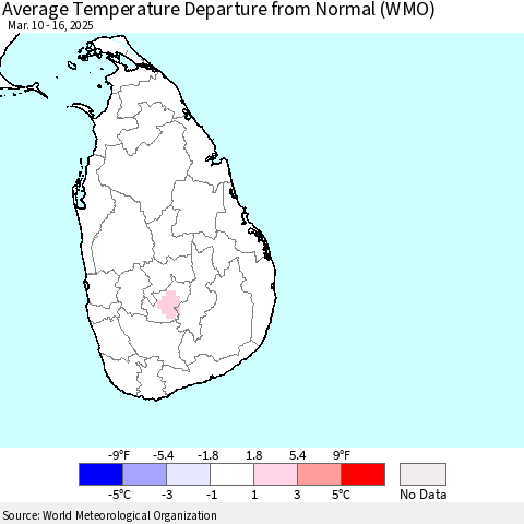 Sri Lanka Average Temperature Departure from Normal (WMO) Thematic Map For 3/10/2025 - 3/16/2025