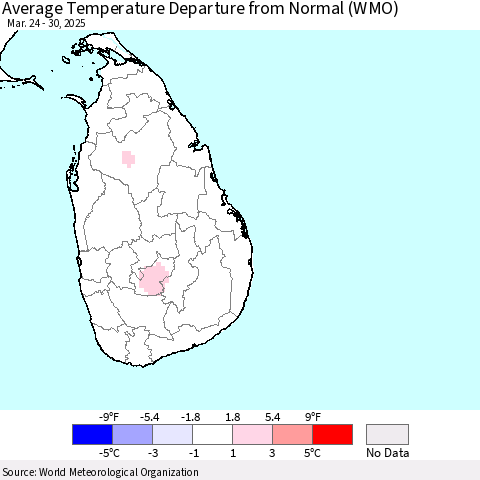 Sri Lanka Average Temperature Departure from Normal (WMO) Thematic Map For 3/24/2025 - 3/30/2025