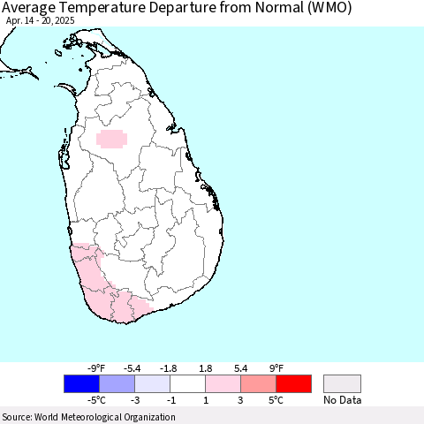 Sri Lanka Average Temperature Departure from Normal (WMO) Thematic Map For 4/14/2025 - 4/20/2025