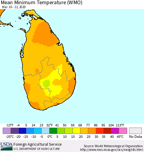 Sri Lanka Minimum Temperature (WMO) Thematic Map For 3/16/2020 - 3/22/2020