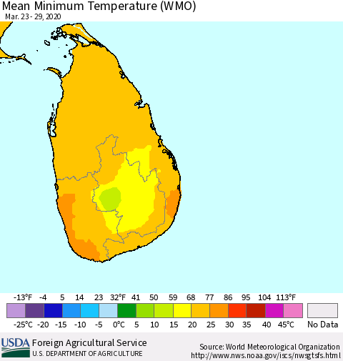 Sri Lanka Minimum Temperature (WMO) Thematic Map For 3/23/2020 - 3/29/2020