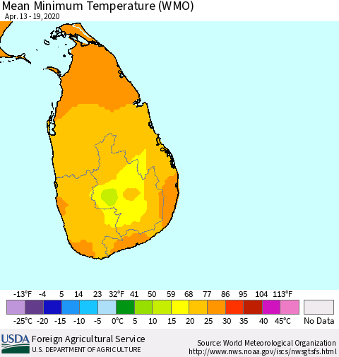 Sri Lanka Minimum Temperature (WMO) Thematic Map For 4/13/2020 - 4/19/2020