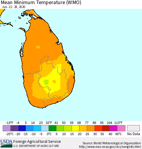 Sri Lanka Minimum Temperature (WMO) Thematic Map For 6/22/2020 - 6/28/2020