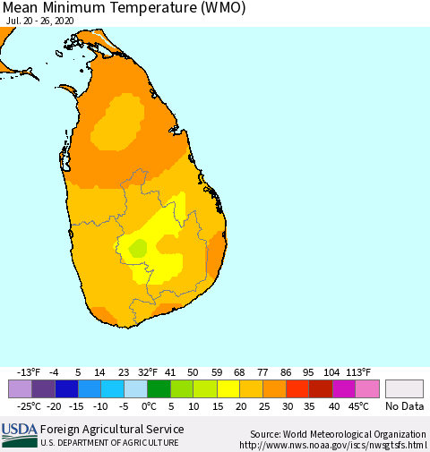 Sri Lanka Minimum Temperature (WMO) Thematic Map For 7/20/2020 - 7/26/2020