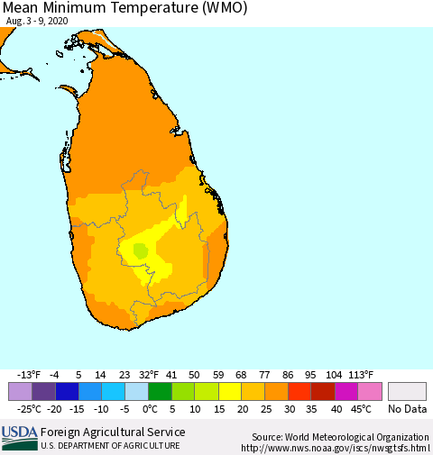 Sri Lanka Minimum Temperature (WMO) Thematic Map For 8/3/2020 - 8/9/2020