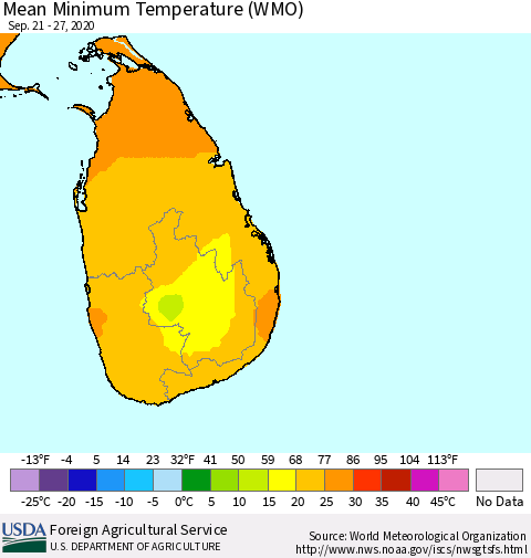 Sri Lanka Minimum Temperature (WMO) Thematic Map For 9/21/2020 - 9/27/2020
