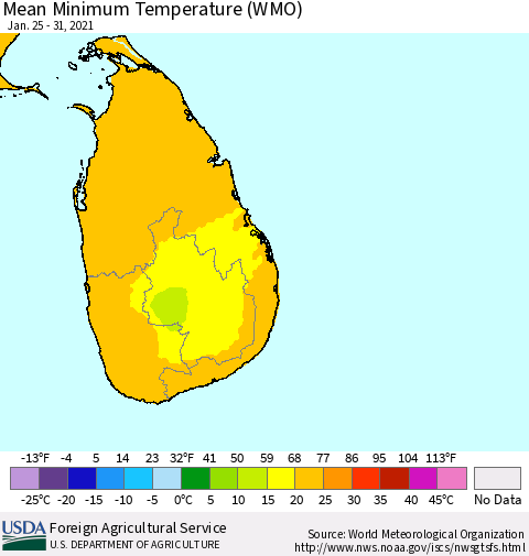 Sri Lanka Minimum Temperature (WMO) Thematic Map For 1/25/2021 - 1/31/2021
