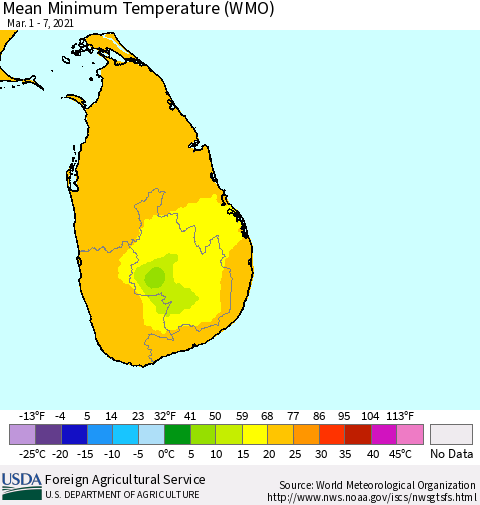 Sri Lanka Minimum Temperature (WMO) Thematic Map For 3/1/2021 - 3/7/2021