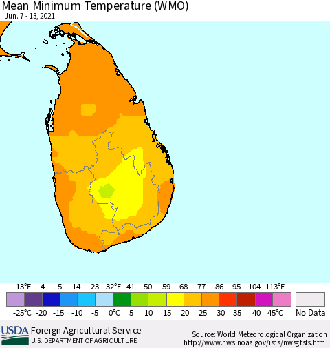 Sri Lanka Minimum Temperature (WMO) Thematic Map For 6/7/2021 - 6/13/2021