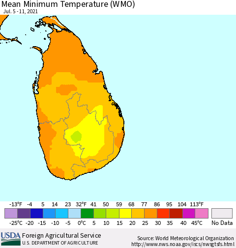 Sri Lanka Minimum Temperature (WMO) Thematic Map For 7/5/2021 - 7/11/2021